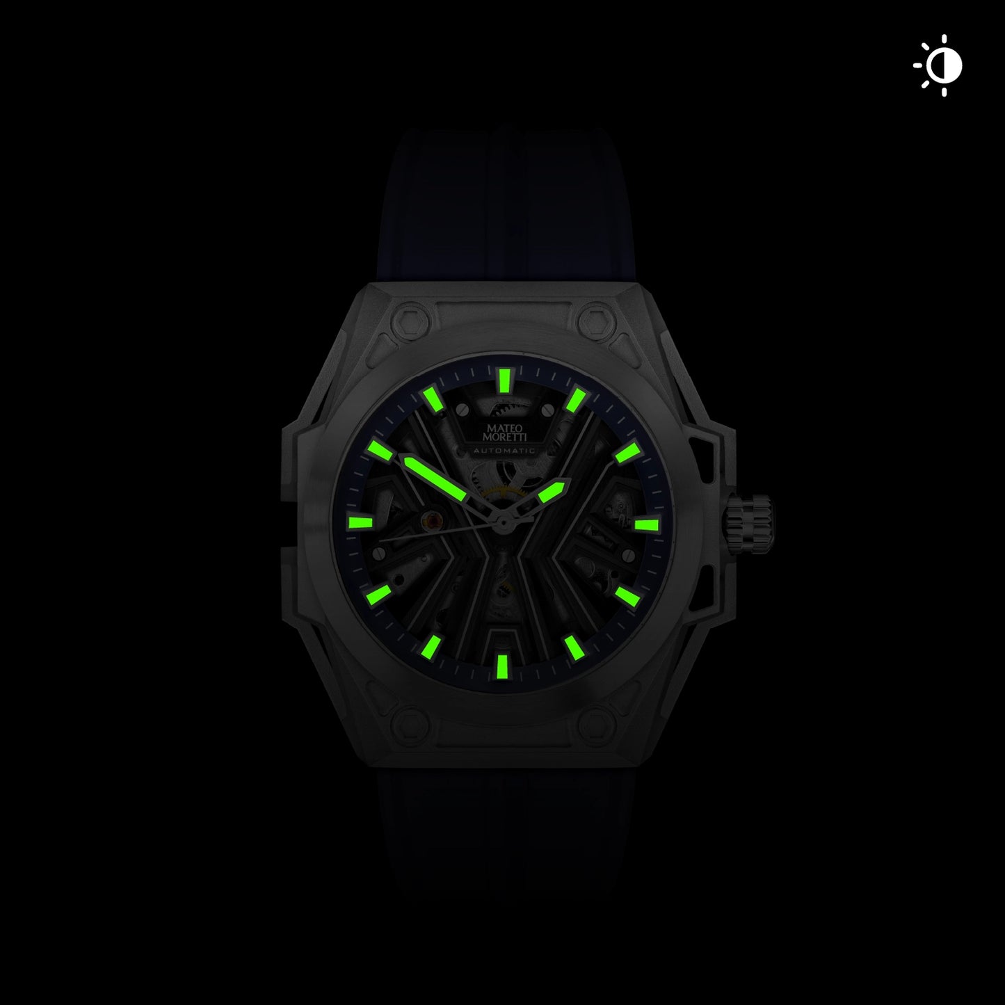 Mateo Moretti watch with glowing lume hands in low light