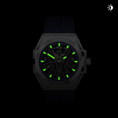 Mateo Moretti watch with glowing lume hands in low light