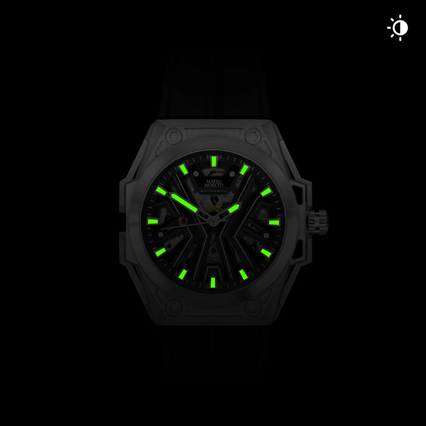 Mateo Moretti watch with glowing lume hands in low light