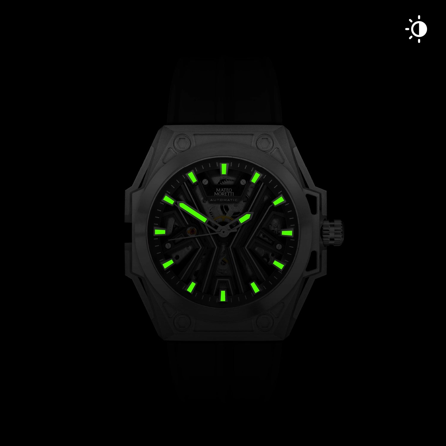 Mateo Moretti watch with glowing lume hands in low light