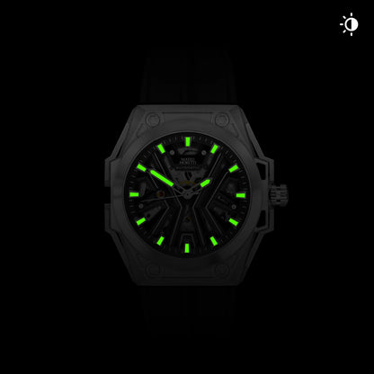 Mateo Moretti watch with glowing lume hands in low light