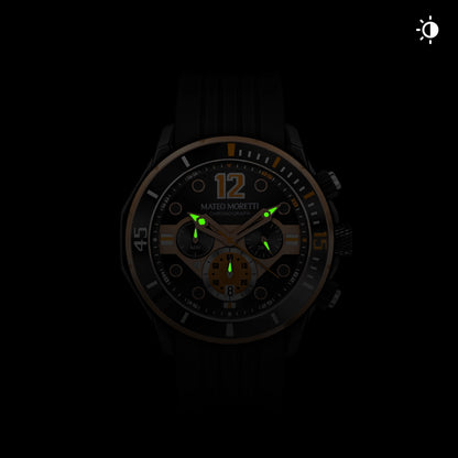 Mateo Moretti watch with glowing lume hands in low light