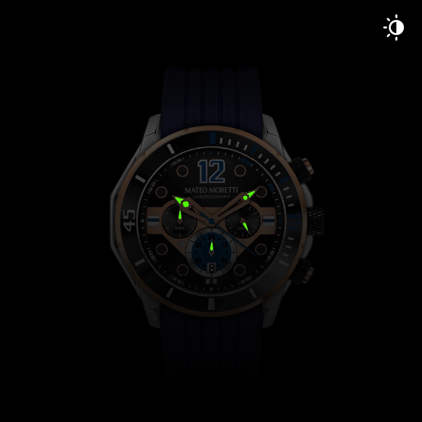 Mateo Moretti watch with glowing lume hands in low light