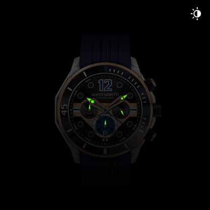 Mateo Moretti watch with glowing lume hands in low light