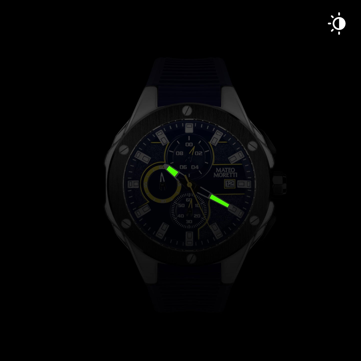 Mateo Moretti watch with glowing lume hands in low light