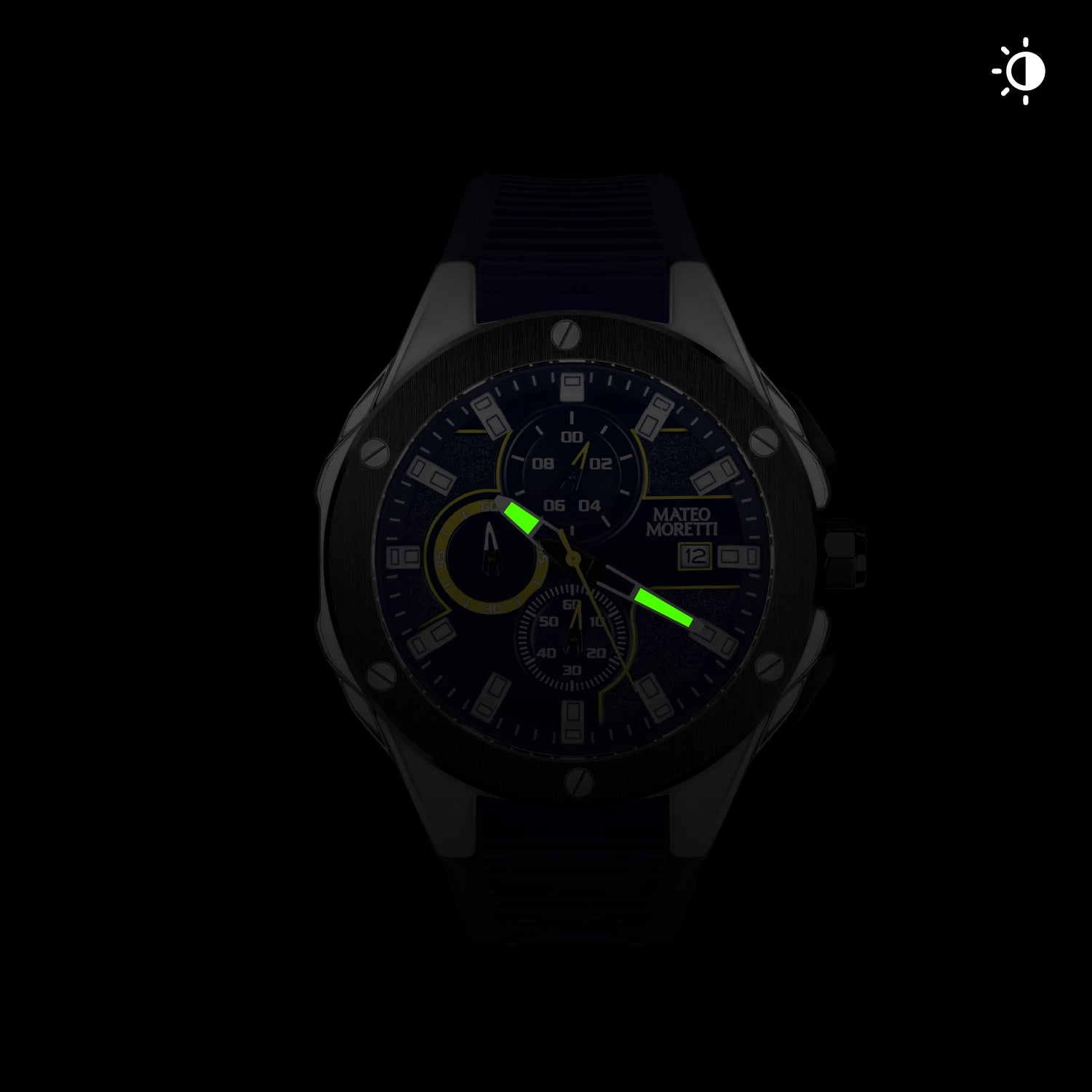 Mateo Moretti watch with glowing lume hands in low light