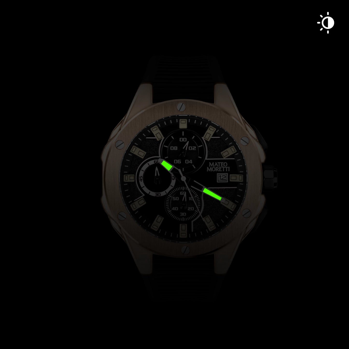 Mateo Moretti watch with glowing lume hands in low light