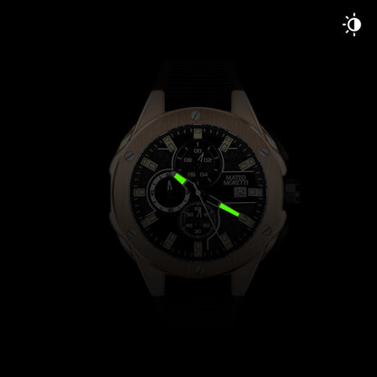 Mateo Moretti watch with glowing lume hands in low light