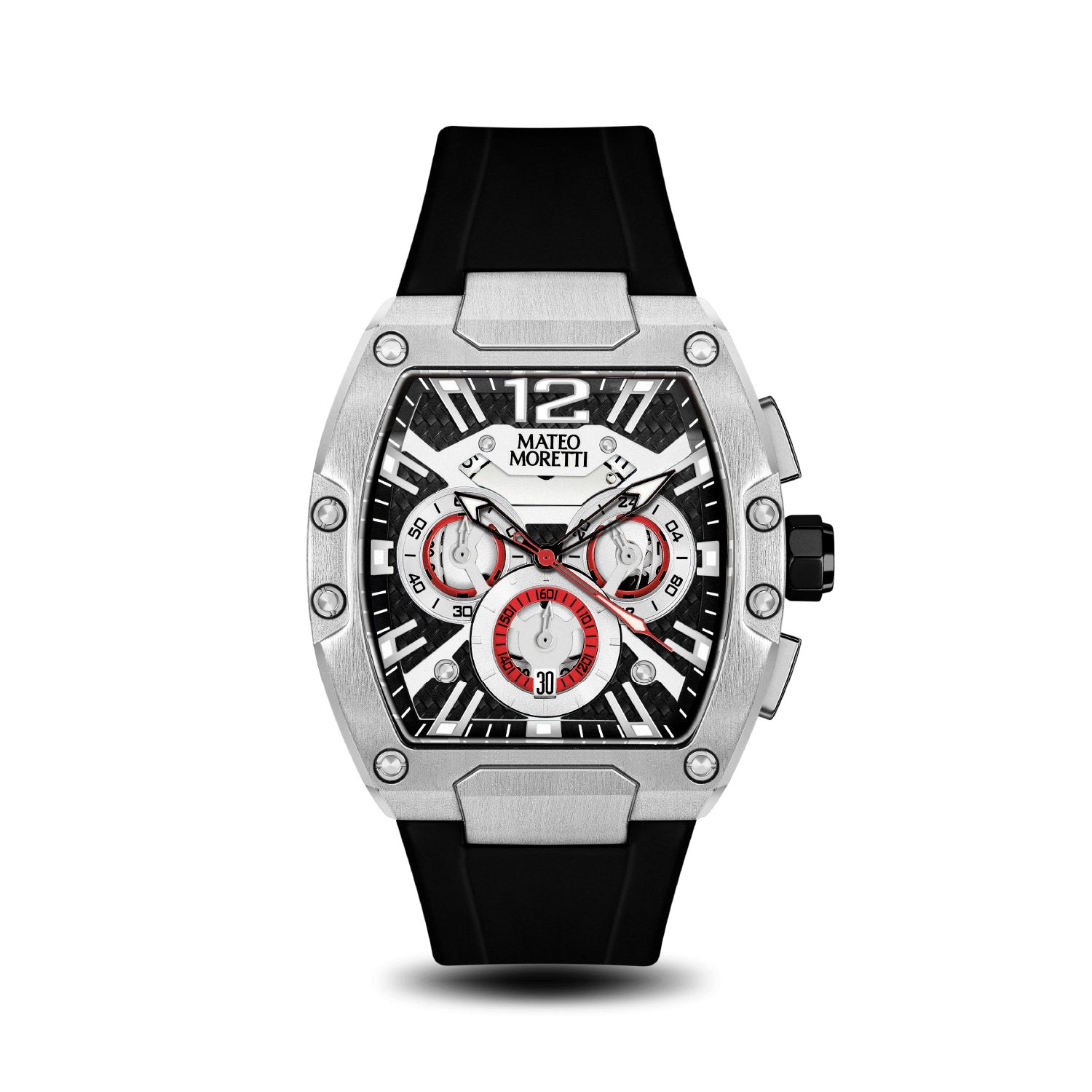 Front view of Mateo Moretti Anapo Argento luxury men’s watch with silver case, black strap, and skeleton dial