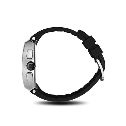 Side view of Mateo Moretti Anapo Argento men’s watch with silver case and black strap – skeleton dial details