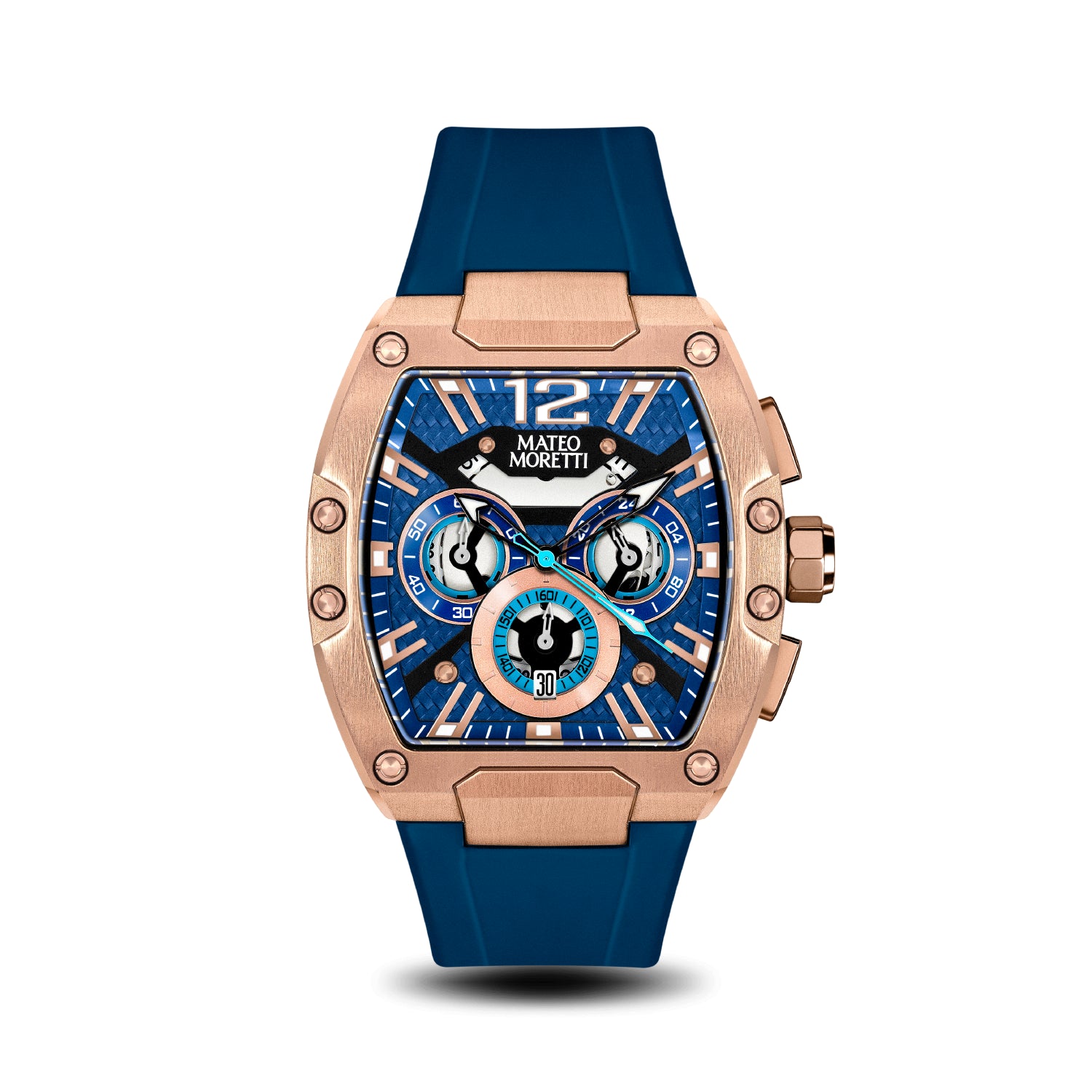 Front view of Mateo Moretti Anapo Oro Rosa men’s watch with rose gold case, blue strap, and skeleton dial