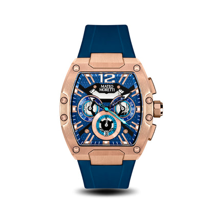 Front view of Mateo Moretti Anapo Oro Rosa men’s watch with rose gold case, blue strap, and skeleton dial
