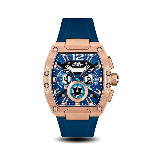 Front view of Mateo Moretti Anapo Oro Rosa men’s watch with rose gold case, blue strap, and skeleton dial