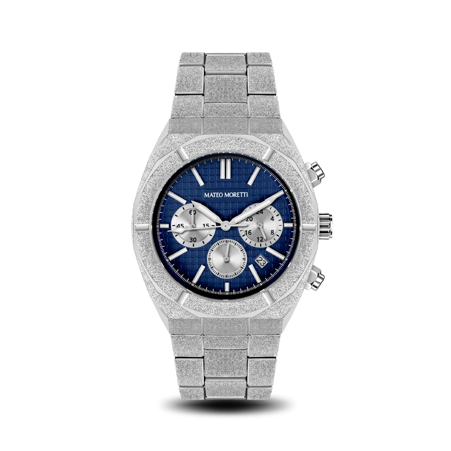 Front view of Mateo Moretti Basento Argento luxury men’s watch with silver bracelet and blue chronograph dial