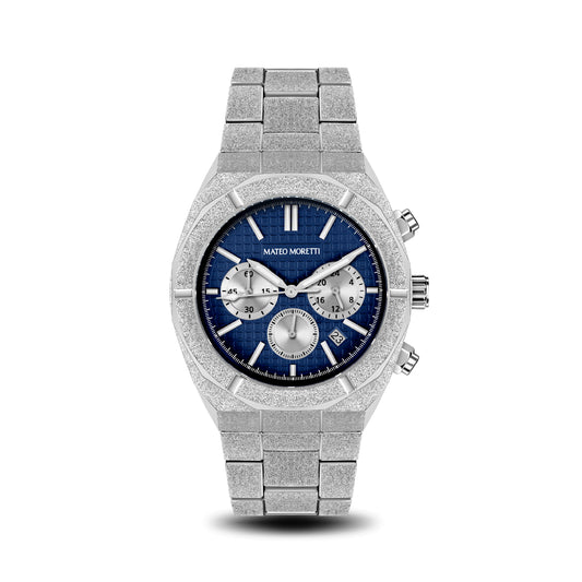 Front view of Mateo Moretti Basento Argento luxury men’s watch with silver bracelet and blue chronograph dial