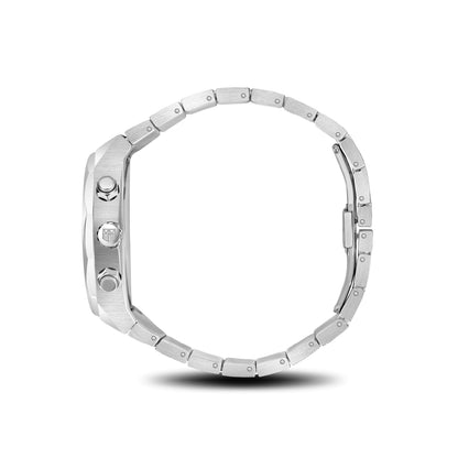 Side view of Mateo Moretti Basento Argento luxury chronograph men’s watch with silver bracelet and blue dial