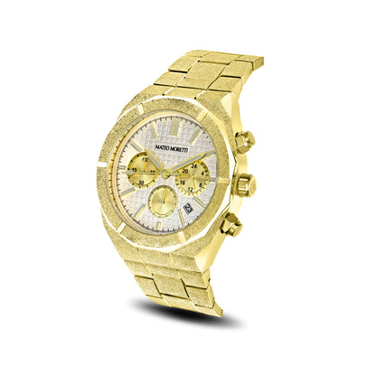 Mateo Moretti Basento Oro men’s watch with gold bracelet and white chronograph dial – angled product photo