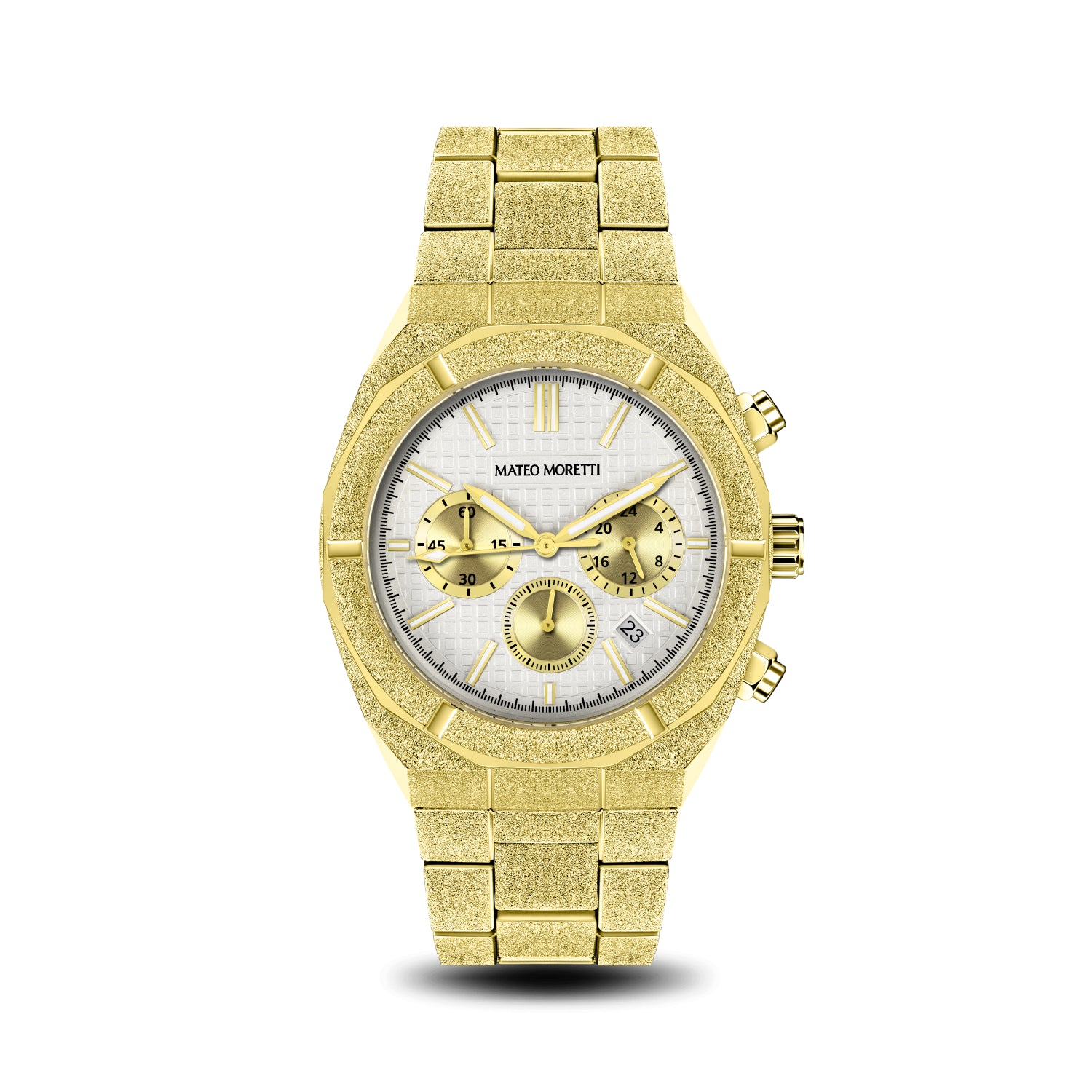 Front view of Mateo Moretti Basento Oro luxury men’s watch with gold bracelet and white chronograph dia