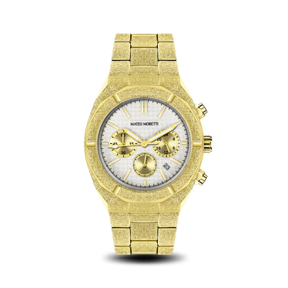 Front view of Mateo Moretti Basento Oro luxury men’s watch with gold bracelet and white chronograph dia