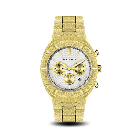 Front view of Mateo Moretti Basento Oro luxury men’s watch with gold bracelet and white chronograph dia