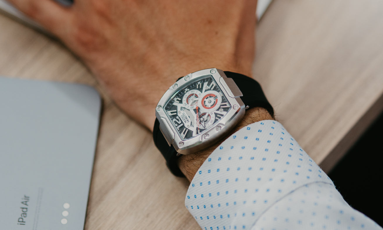 Mateo Moretti Anapo Argento silver chronograph men’s watch with black strap – office lifestyle photo