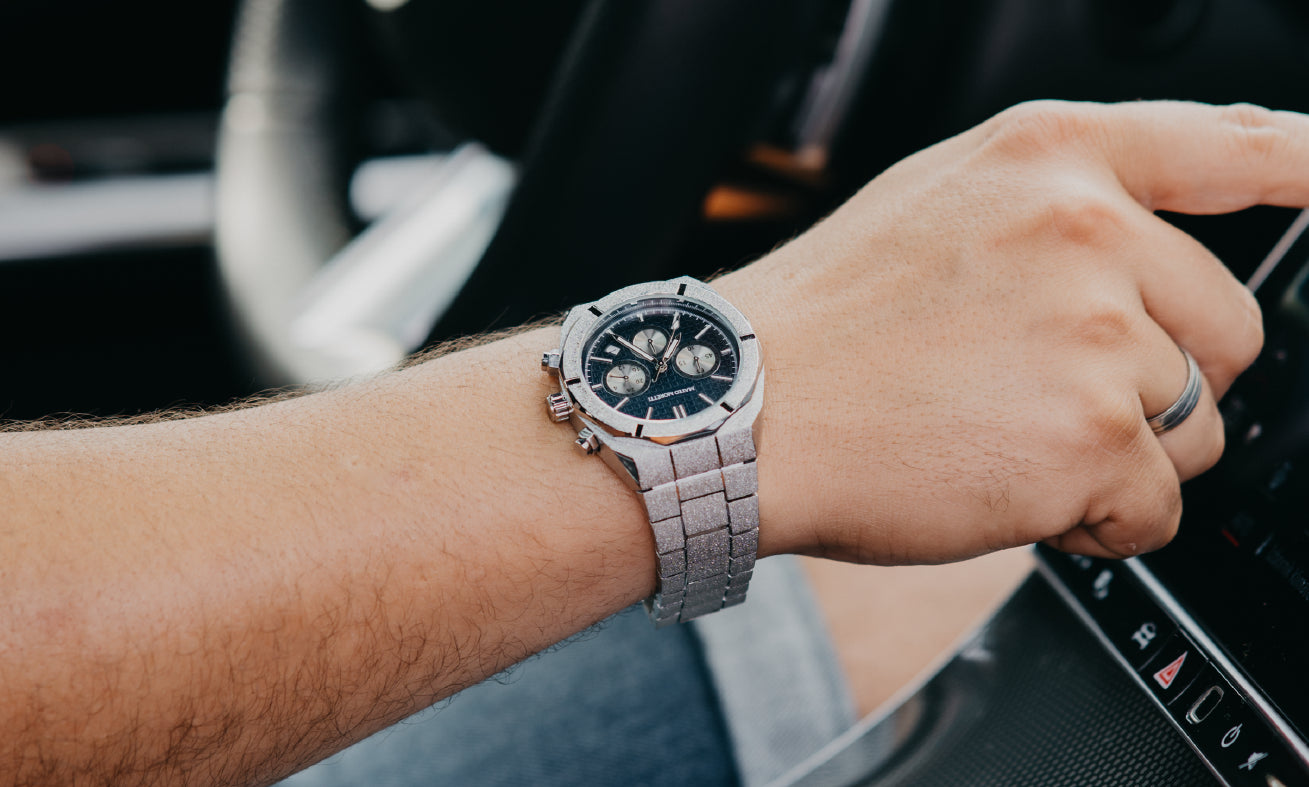 Mateo Moretti Basento Argento men’s silver chronograph watch with black dial – driving lifestyle photo