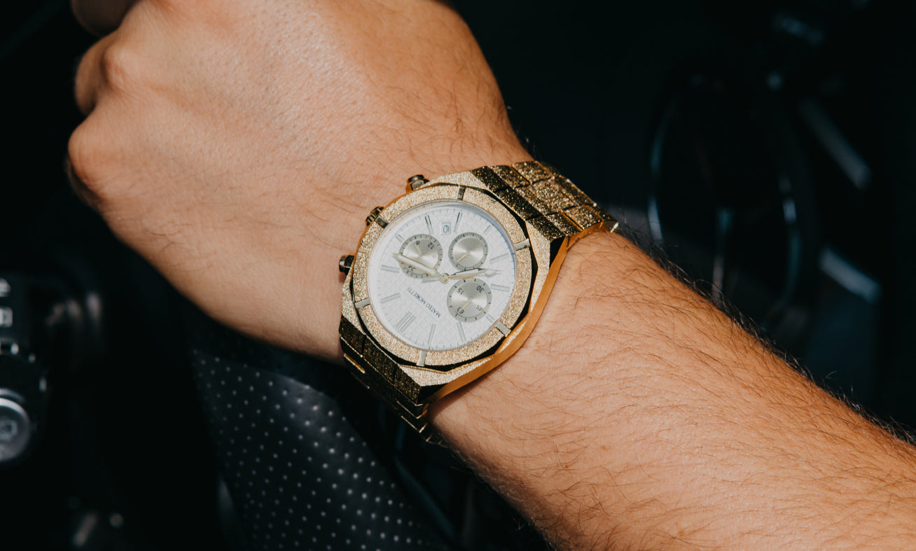Mateo Moretti Basento Oro gold chronograph men’s watch – driving lifestyle photo