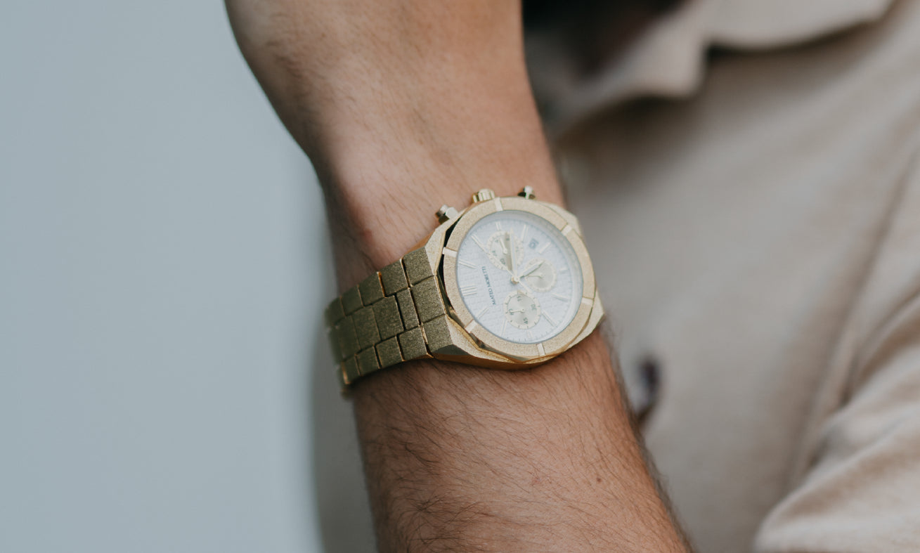 Mateo Moretti Basento Oro gold stainless steel chronograph men’s watch – close-up photo