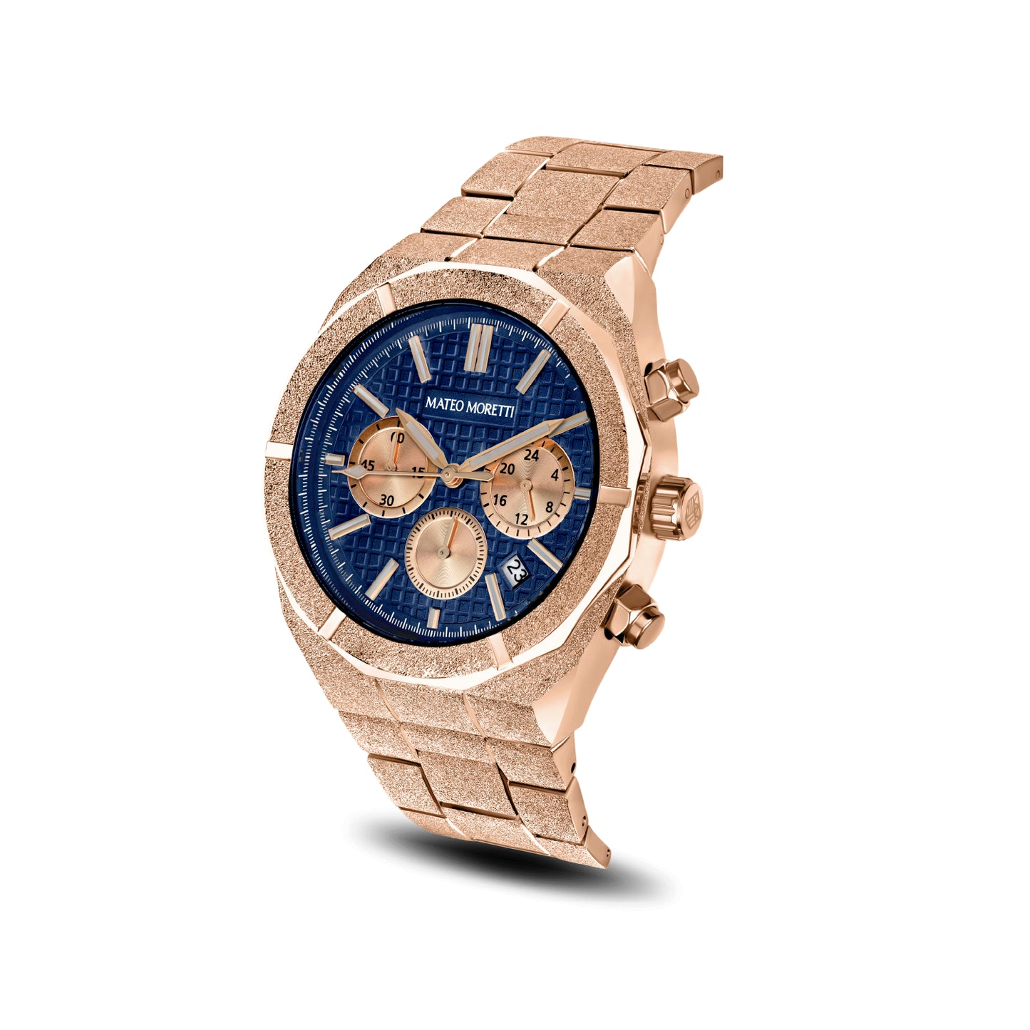 Basento Oro Rosa men’s chronograph watch angled view rose gold case blue dial Mateo Moretti