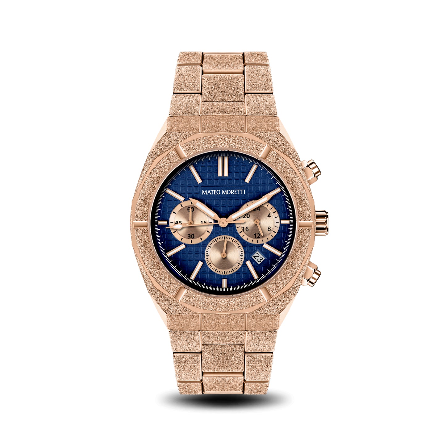 Basento Oro Rosa luxury chronograph watch front view with rose gold bracelet and blue dial by Mateo Moretti