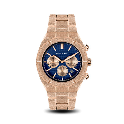Basento Oro Rosa luxury chronograph watch front view with rose gold bracelet and blue dial by Mateo Moretti