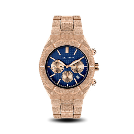Basento Oro Rosa luxury chronograph watch front view with rose gold bracelet and blue dial by Mateo Moretti