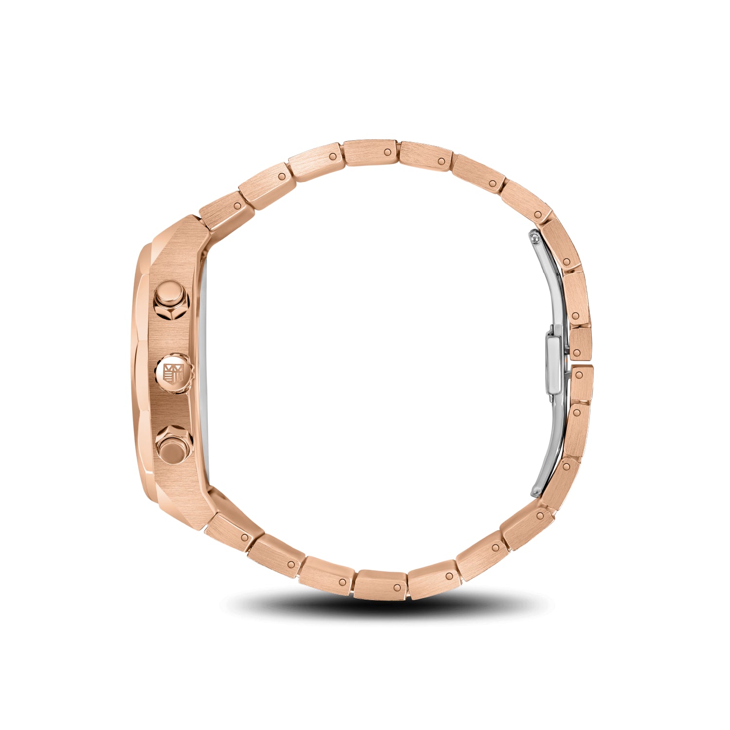 Side profile of Basento Oro Rosa chronograph watch with rose gold case and bracelet Mateo Moretti