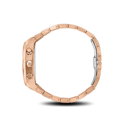 Side profile of Basento Oro Rosa chronograph watch with rose gold case and bracelet Mateo Moretti