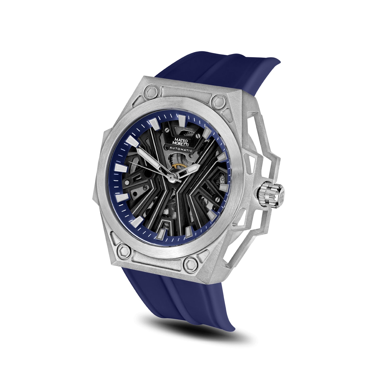 Chienti Azzurro men’s skeleton automatic watch angled view stainless steel case blue strap