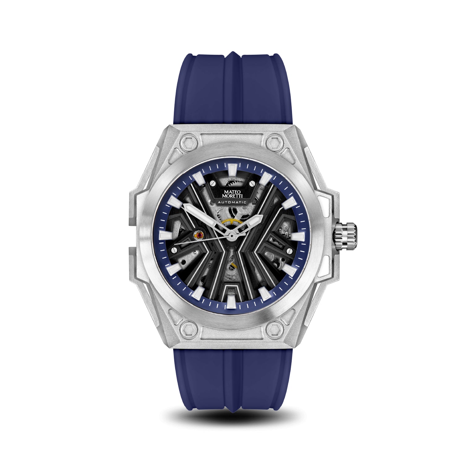 Chienti Azzurro luxury skeleton watch front view with blue strap by Mateo Moretti