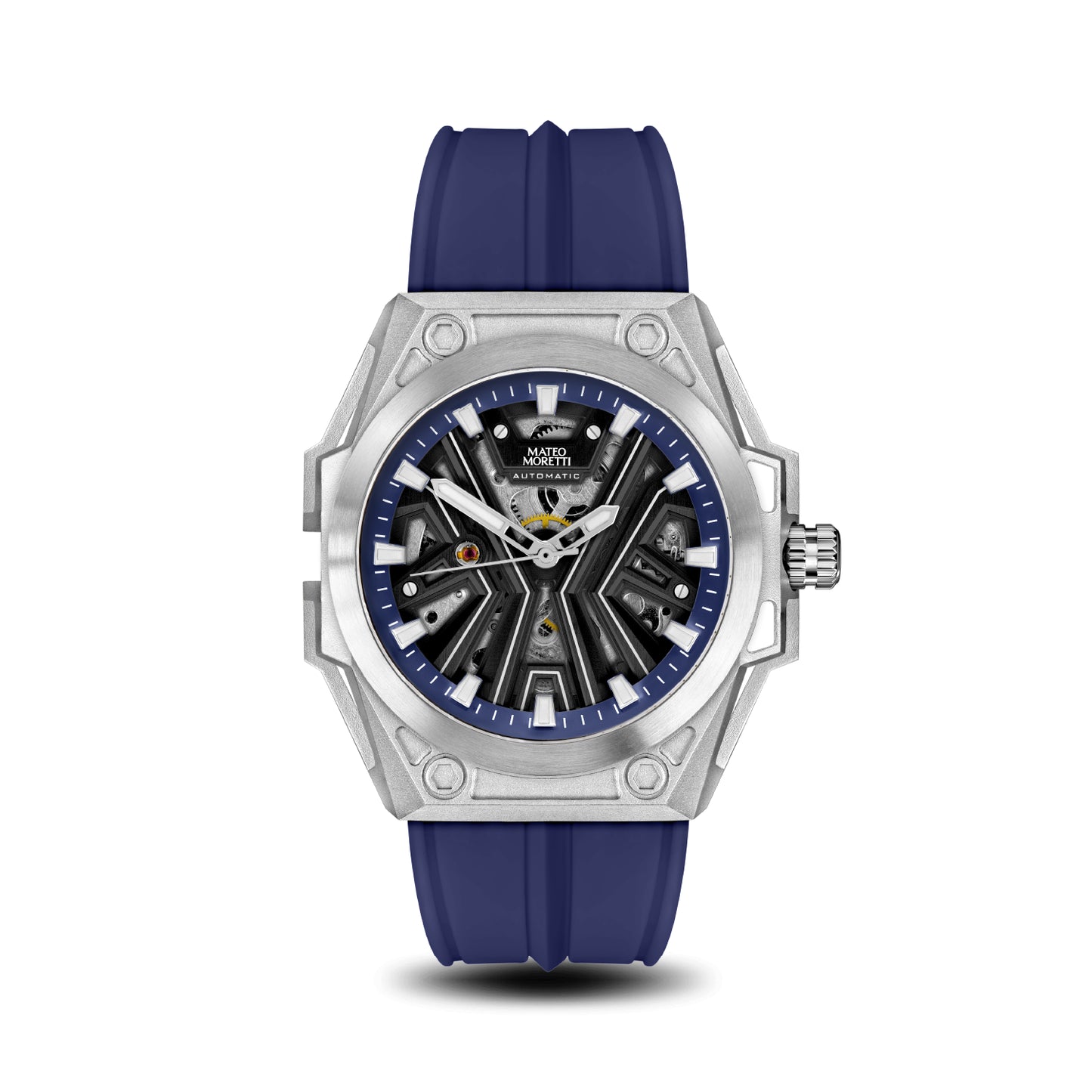 Chienti Azzurro luxury skeleton watch front view with blue strap by Mateo Moretti