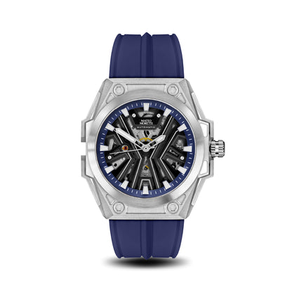 Chienti Azzurro luxury skeleton watch front view with blue strap by Mateo Moretti