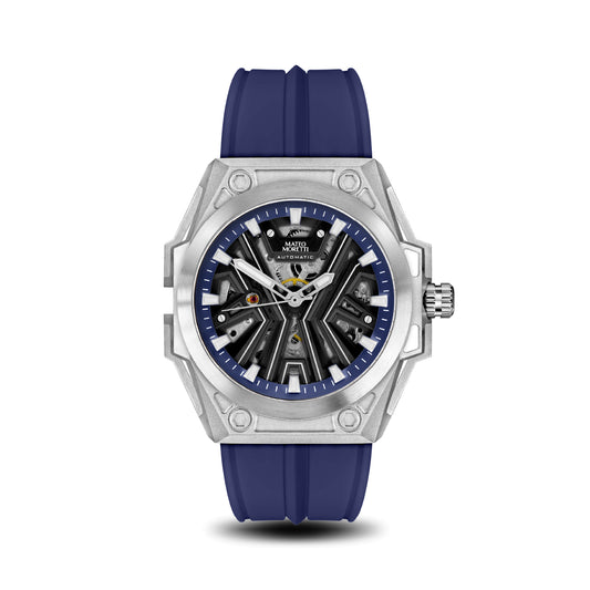 Chienti Azzurro luxury skeleton watch front view with blue strap by Mateo Moretti