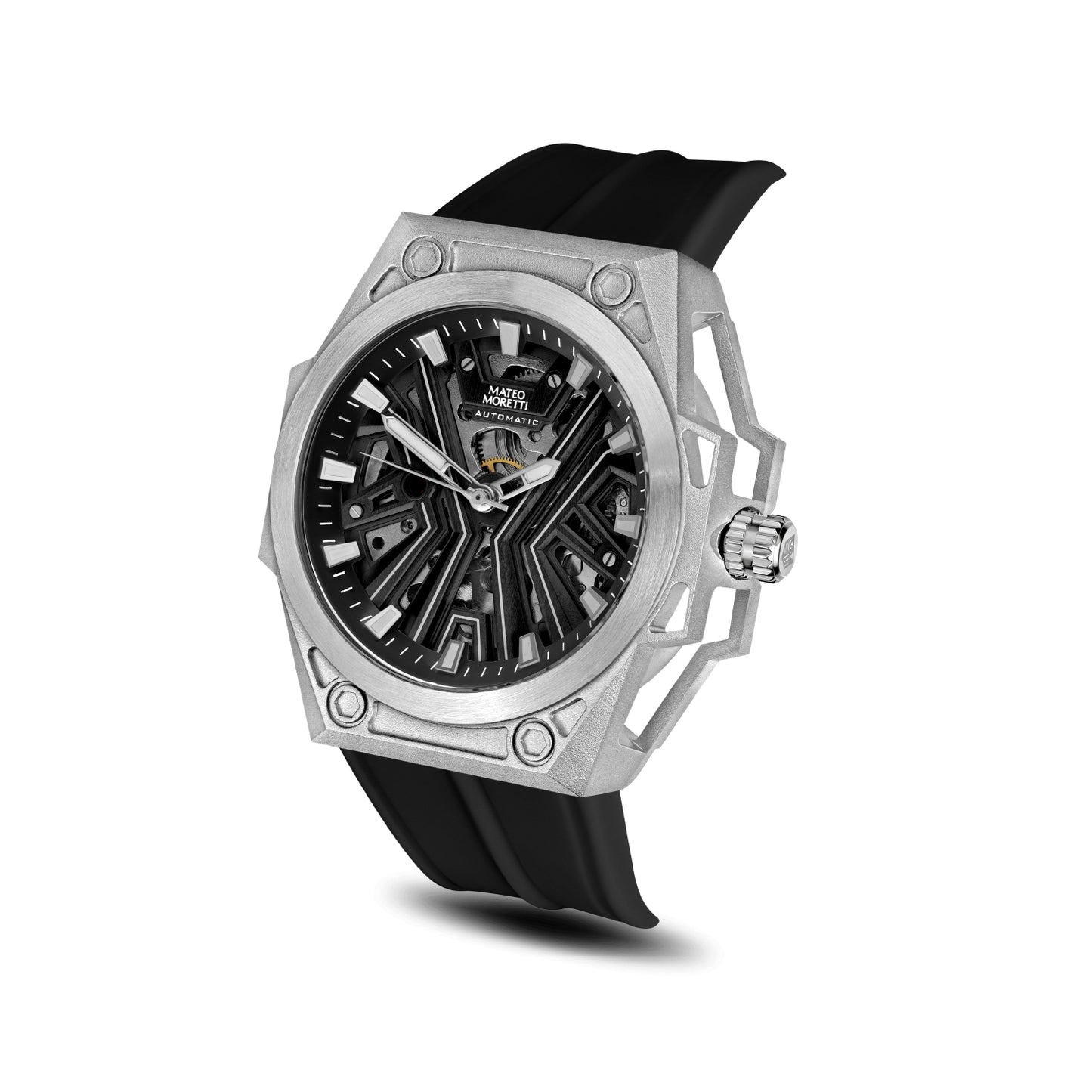 Chienti Nero men’s skeleton automatic watch angled view stainless steel case black strap