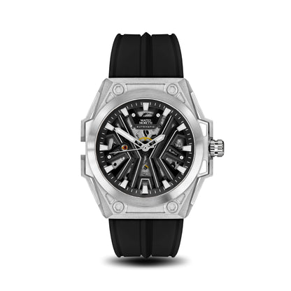 Chienti Nero luxury skeleton watch front view with black strap by Mateo Moretti