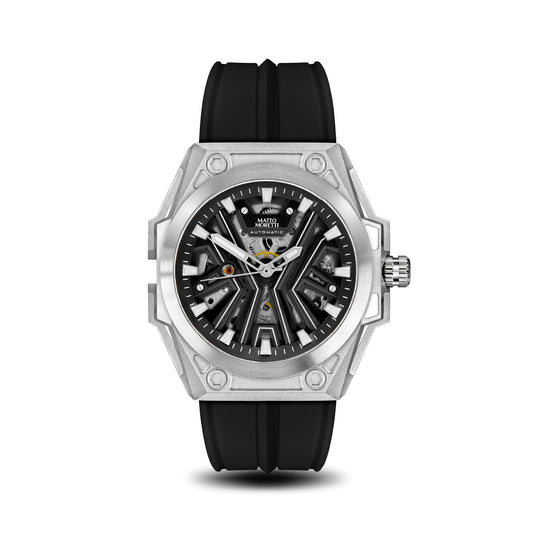 Chienti Nero luxury skeleton watch front view with black strap by Mateo Moretti