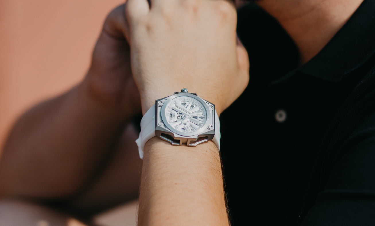 Mateo Moretti Chienti watch on wrist – luxury skeleton dial with white strap