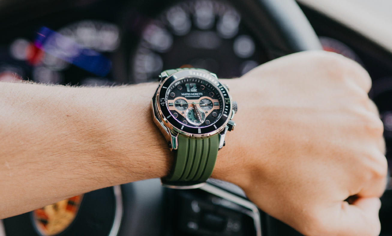 Mateo Moretti Natisone luxury men’s chronograph watch with green strap – driving lifestyle photo