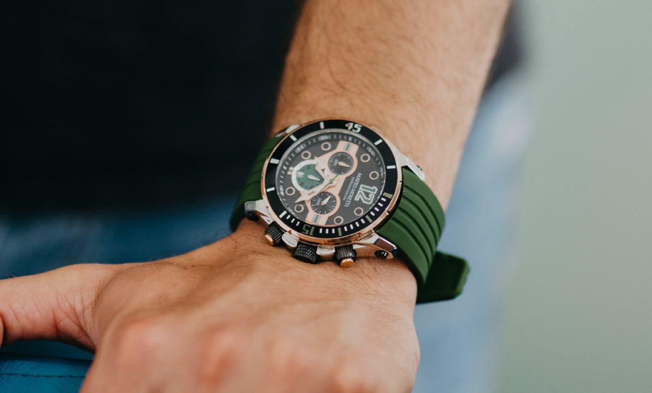 Mateo Moretti Natisone men’s chronograph watch with green strap – close-up photo