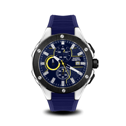 Sillaro Giallo luxury chronograph watch front view with yellow accents blue strap by Mateo Moretti