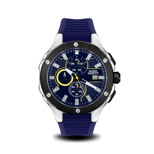 Sillaro Giallo luxury chronograph watch front view with yellow accents blue strap by Mateo Moretti