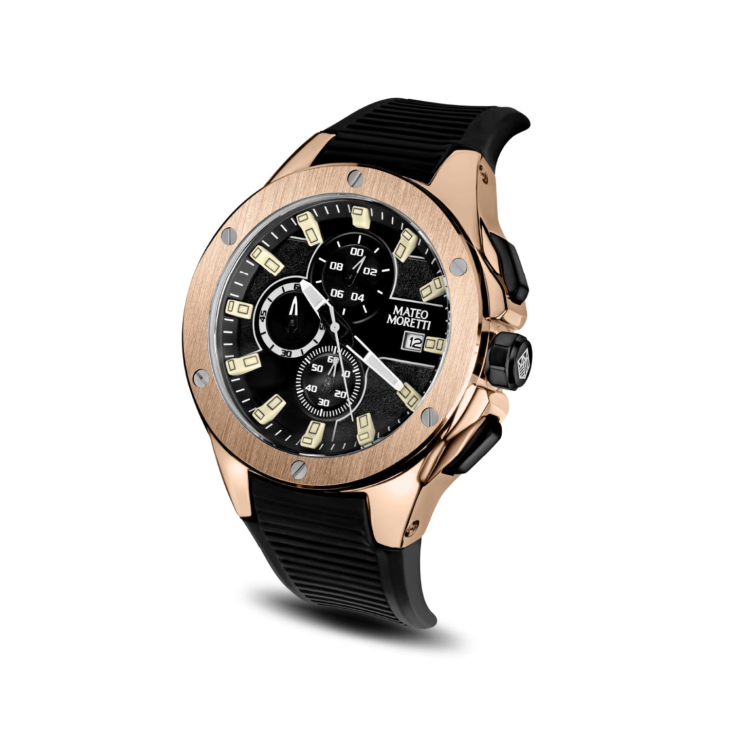 Sillaro Rosa Oro men’s chronograph watch angled view rose gold case black dial and strap Mateo Moretti