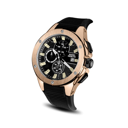 Sillaro Rosa Oro men’s chronograph watch angled view rose gold case black dial and strap Mateo Moretti
