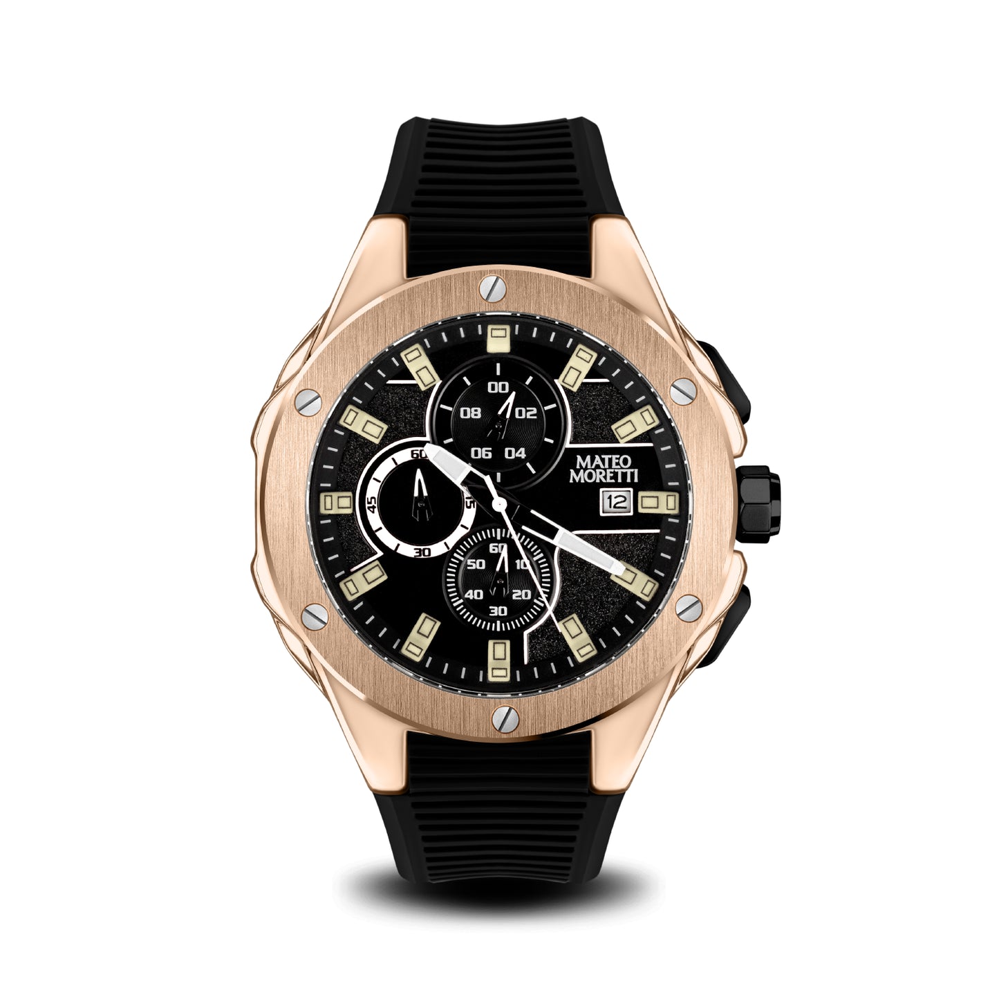 Sillaro Rosa Oro luxury chronograph watch front view with rose gold case and black strap by Mateo Moretti